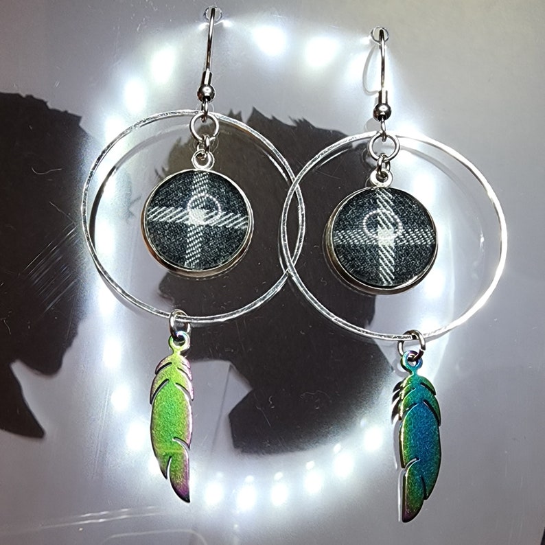SaLE Supernatural Tombstone I Do XL cross and feather Earrings, mixed media, made from a Screen Accurate Dean Winchester Plaid. 3.25 long image 8