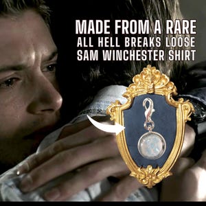 Supernatural AHBL All Hell Breaks Loose Charm (silver, sky blue) made from a RARE Sam Winchester Screen Accurate shirt.