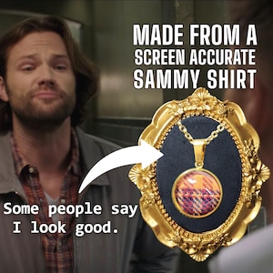 Supernatural I LOOK GOOD Sam Winchester Gold Stainless necklace, made from screen accurate plaid. 16mm Stone. Choice of chain lengths.