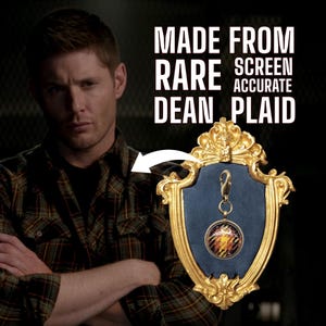 SPN CHARM made from Screen Accurate Dean Winchester &quot;Hunter Games,&quot; shirt. Handmade. 12mm. Schroedinger&#39;s Set Shirt. Yellow Cross on bronze