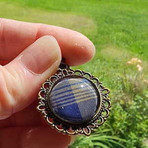 Supernatural NECKLACE from a Screen Accurate Sam Winchester &quot;Demon Thrashing&quot; plaid. GREEN and BLUE on fancy bronze.
