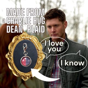 Supernatural Charm &quot;Twin Moons Charlie Hugs&quot; (silver) made from a Dean Winchester Screen Accurate shirt.