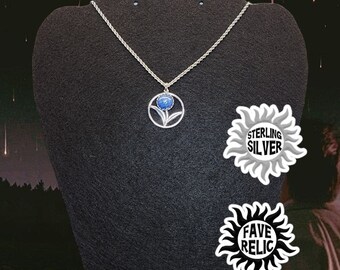 Misha Collins FAVE RELIC, Sterling 18" Flower necklace made from Misha Collins' Personal Blue Plaid shirt. Blues.