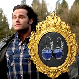 Supernatural Swan Song Earrings, “Moral Compass” on Silver Tone Leverback hooks, Made from SA Sam’s Swan Song Shirt.