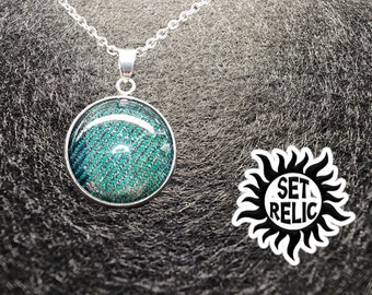Discount :) SUPERNATURAL SET RELIC Green Gray Stripes Stainless necklace. 20mm stone.  Made from a Sam Winchester 99% sure Screen Used Shirt