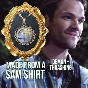 COLLAR Supernatural con purpurina, hecho con una tela escocesa de Sam Winchester "Demon Thrashing" de Screen Accurate. Verde y azul sobre bronce elegante.