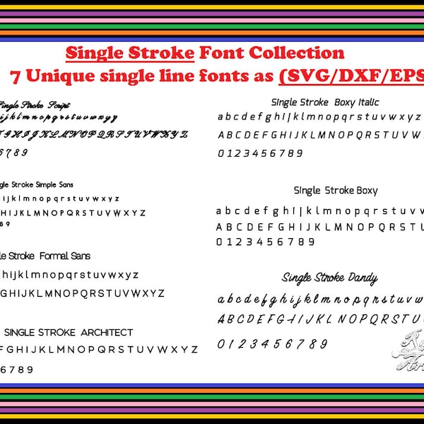 Bundle of 7 Unique Single Line/Stroke Fonts for AxiDraw Cricut Silhouette machines-SVG DXF EPS- Engraving Font vector draw line-