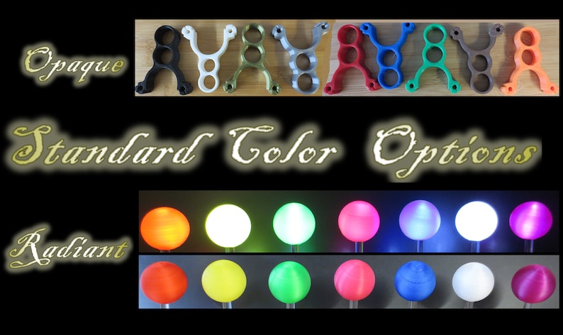 May include: Image showcasing a variety of slingshot frames in different colors, including black, white, green, silver, red, blue, and brown. Below, a display of radiant orbs in various colors, such as orange, white, green, pink, and blue, are shown. The text "Opaque", "Standard Color Options", and "Radiant" are also visible.