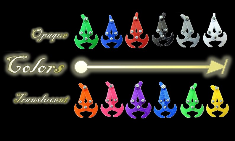 May include: A range of colourful grappling hooks in opaque and translucent finishes. The hooks are in various colours, including green, blue, red, black, grey, white, orange, pink, purple, and yellow, with silver hardware. The word "Colors" is in the centre.