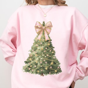 Sudadera con lazo de árbol de Navidad: cuello redondo festivo y coqueto