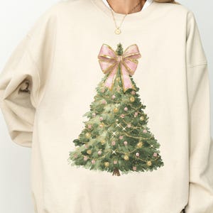 Sudadera con lazo de árbol de Navidad: cuello redondo festivo y coqueto