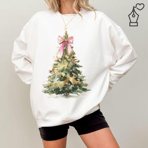Sudadera con lazo de árbol de Navidad: cuello redondo festivo y coqueto