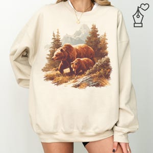 Moletom vintage com capuz Grizzly Bear: gola redonda com estampa retrô Wilderness Scene