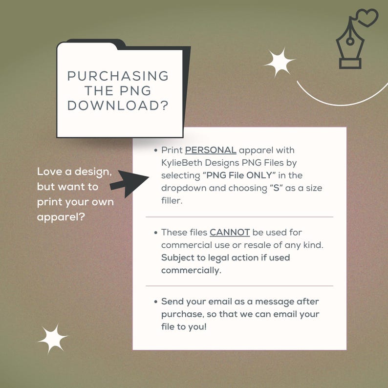 The image is a promotional message for purchasing a personal apparel design, featuring a list of instructions and a question about purchasing a specific design.