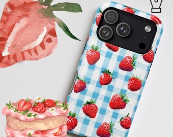 Kawaii Strawberry Picnic iPhone 17 Case: Gingham Print