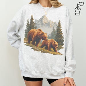 Moletom vintage com capuz Grizzly Bear: gola redonda com estampa retrô Wilderness Scene