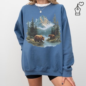 Moletom vintage com capuz Grizzly Bear: gola redonda com estampa retrô Wilderness Scene