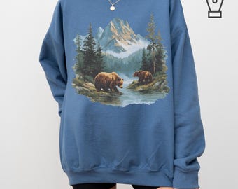 Vintage Grizzly Bear Sweatshirt: Retro Wilderness Scene Crewneck