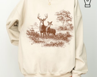 Vintage Deer Sweatshirt Wildlife Inspired Buck and Doe Graphic Crewneck Outdoor Nature Apparel