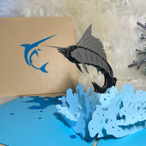 Tarjeta de pez espada / San Valentín, tarjeta de cumpleaños, tarjeta del Día del Padre, boda, tarjeta de felicitación animal / tarjeta de mano POPUP tarjetas de felicitación para todas las ocasiones