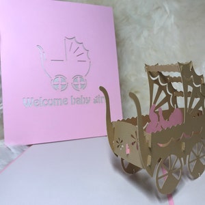 Poussette / Carte de douche de bébé, Carte de félicitations, Bienvenue bébé fille / Handmand 3D POPUP Cartes de vœux pour toutes les occasions