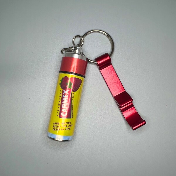 Mini Carmex Chapstick Key Chain - Pill Box - w/ Matching Bottle Opener - Aluminum Container - Vitamin/ Ear Plug Storage - Gift