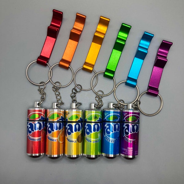 Mini Fanta Soda Can Key Chains - Pill Box - w/ Bottle Opener - 6 Flavors - Aluminum Container - Vitamin Storage - Gift