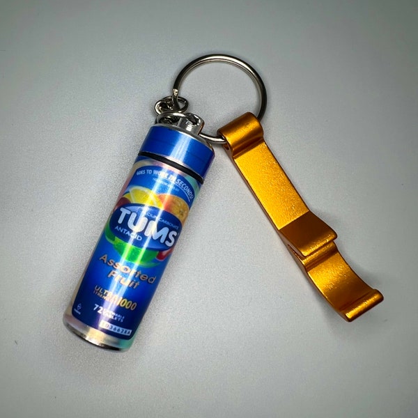 Mini Tums Key Chain - Pill Box - w/ Matching Bottle Opener - Aluminum Container - Vitamin/ Ear Plug Storage - Antacid - Gift