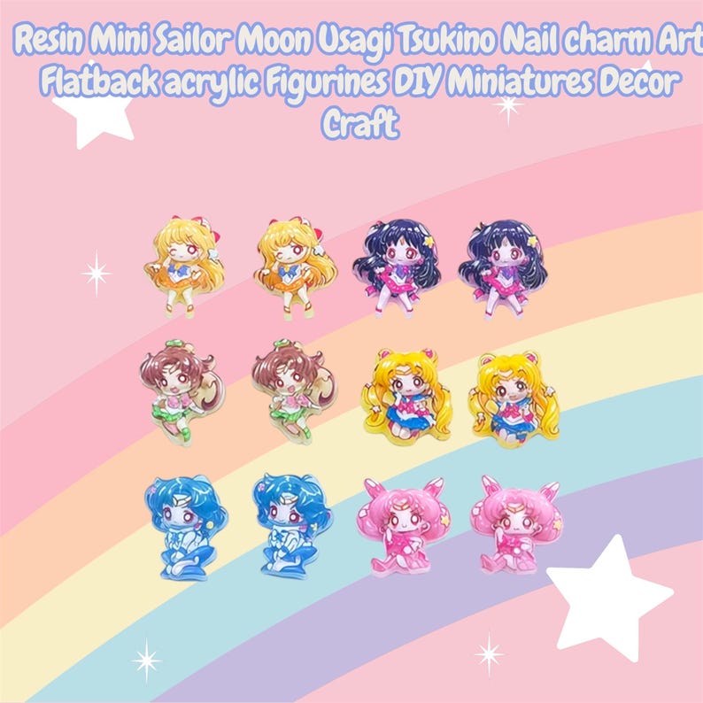 May include: A collection of colorful resin mini Sailor Moon figurines. The figurines are in various poses and outfits, with details like hair color and clothing. The text at the top reads "Resin Mini Sailor Moon Usagi Tsukino Nail charm Art Flatback acrylic Figurines DIY Miniatures Decor Craft."