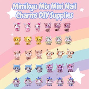 May include: A collection of Mimikyu Mix Mini Nail Charms DIY Supplies. The charms are in various colors and designs, including pink, yellow, and blue. The background is a pastel rainbow with white stars.
