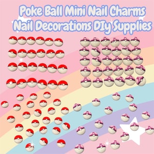 May include: A collection of Poke Ball mini nail charms and nail decorations. The charms are red and white, and pink and white, with a variety of designs. The background is a pastel rainbow.