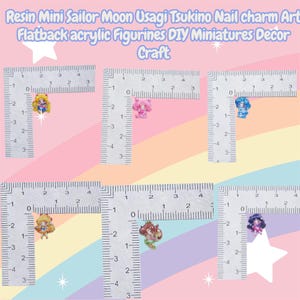 May include: Miniature resin Sailor Moon figurines for nail art and DIY crafts. The image shows six different character designs, each approximately 0.5 inches in height, placed next to a ruler for scale. The background is a pastel rainbow.