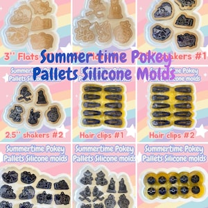 Pode incluir: Uma coleção de moldes de silicone para artesanato, com várias formas e tamanhos. A imagem mostra moldes para planos de 7,6 cm, agitadores de 6,35 cm, grampos de cabelo, brincos e chaveiros mini Pokeball. O texto na imagem diz "Summertime Pokey Pallets Silicone Molds."