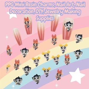 May include: Mini resin charms featuring cartoon characters, perfect for nail art and DIY jewelry making. The charms are in various colors and designs, with the text "PPG Mini Resin Charms, Nail Art, Nail Decoration, DIY, Jewelry Making Supplies".