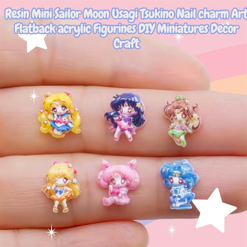 May include: Six colorful resin mini Sailor Moon figurines. Each figurine is a different character, with details like hair color, outfits, and facial expressions. The text at the top says "Resin Mini Sailor Moon Usagi Tsukino Nail charm Art Flatback acrylic Figurines DIY Miniatures Decor Craft."
