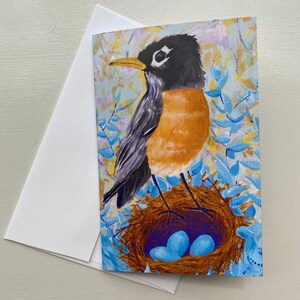 Reeks van 4 Robin nest lege groetkaarten, Vier notakaarten met enveloppen voor om het even welke gelegenheid, Kleurrijke kunstwerk