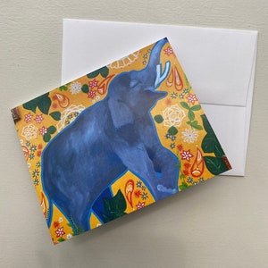 Reeks van 4 Glimlachende olifant lege groetkaarten, Vier notakaarten met enveloppen voor om het even welke gelegenheid, Kleurrijk kunstwerk
