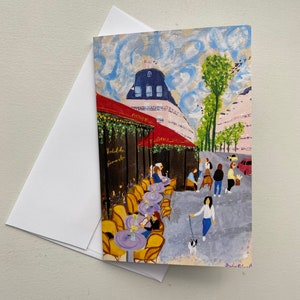 Set van 4 Parijse café blanco wenskaarten, Vier notitiekaarten met enveloppen voor elke gelegenheid, Kleurrijke kunstwerken