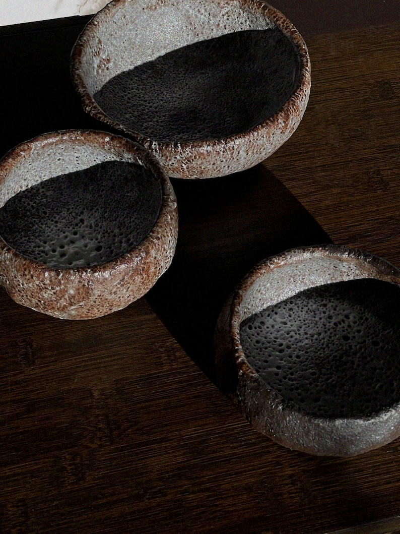 Small earthy hand pinched Stoneware Bowl with Crater Surface from Shino Glaze Wabi Sabi Nature in Brown Pottery