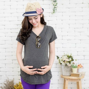 Maternity/Nursing Double V-Neck Tunic Top | Breastfeeding Shirt | New Mom Gift | Maternity Clothes | Nursing Shirt - Charcoal Gray