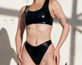 Black Latex Set - Top & Panties - Rubber Lingerie Clothing Outfit Costume