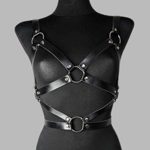 Burning Man Harness Top with Rings - Chest & Waist Bondage Cage Belt - Leather or Vegan - Festival Body Accessory Outfit for Woman