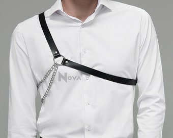 One Shoulder Harness Men, Leather Minimalist Harness with Chain, Casual Man's Harness, Simple Harness, Vegan Leather Chest Harness, Fetish