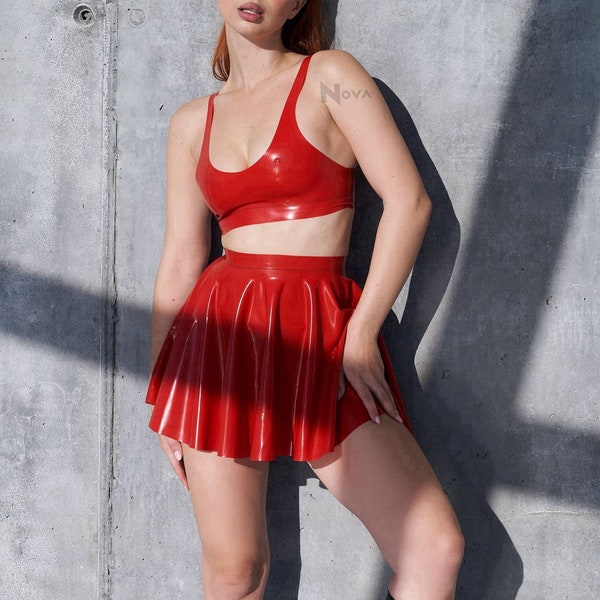 Red Latex Set Top Skirt Lingerie Female Rubber Suit Costume