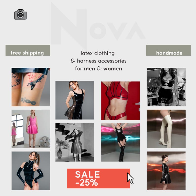 The image is a collage of various images featuring different styles of latex clothing and accessories for both men and women.