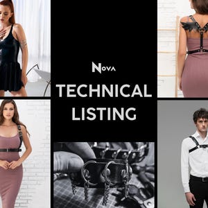 Puede incluir: Imagen promocional que presenta arneses y accesorios de cuero. La imagen incluye un vestido de cuero negro, un brazalete negro y plateado y varios arneses de cuero. El texto "Nova Technical Listing" se muestra en blanco.