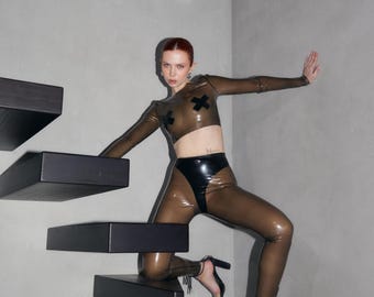 Fetish Zentai Latex Translucent & Black Set - Cross Pasties Nipples Longsleeve Crop Top Leggings - Lingerie Outfit Body Costume for Woman
