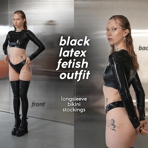 Sexy Cosplay Lingerie - Black Longsleeve Crop Top Bikini Stockings Tights - Fetish Outfit Female Latex Set Catsuit Costume for Woman
