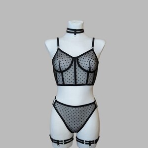 May include: A black polka dot mesh lingerie set featuring a bustier top with structured seams, matching high-cut briefs, a choker collar, and two leg garters. The set is constructed from sheer fabric with black trim and silver-toned hardware.