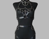 Black Leather Harness Top & Bottom Set Black Goth Leather Harness Top for Women Punk Waist Belt  main image 4